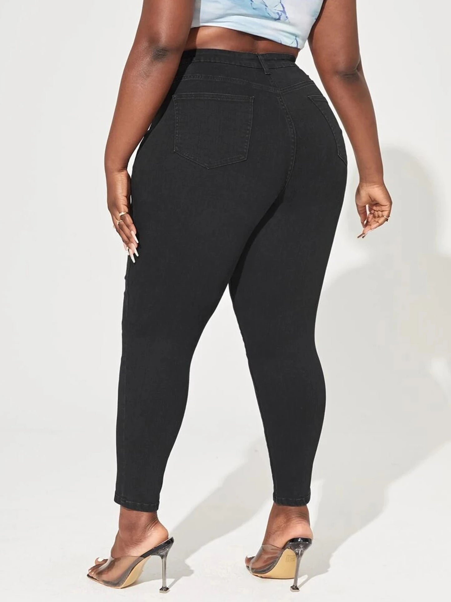 Skinny High Waist Stretch Denim Curvy Pencil Black Jeans - Plus Size