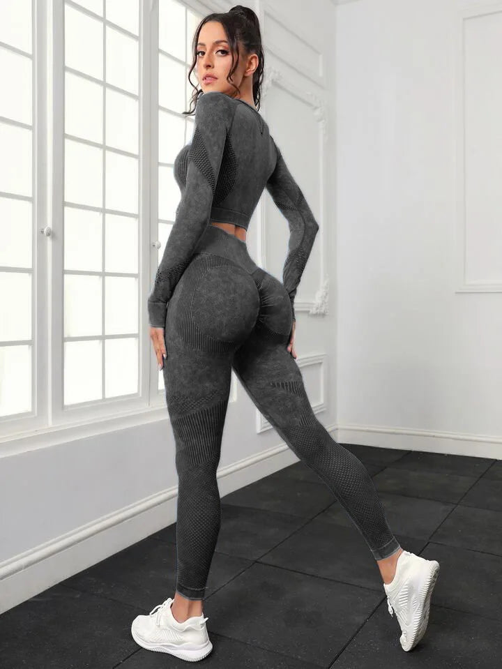 Acid Wash Women Seamless Long Sleeve Gym Set 2Pcs