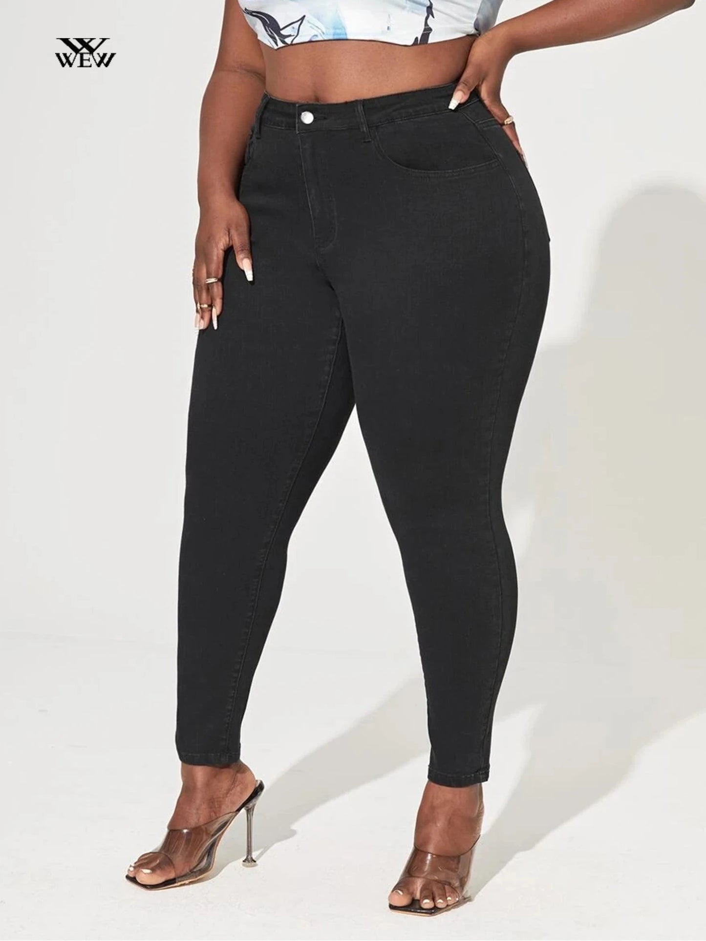 Skinny High Waist Stretch Denim Curvy Pencil Black Jeans - Plus Size