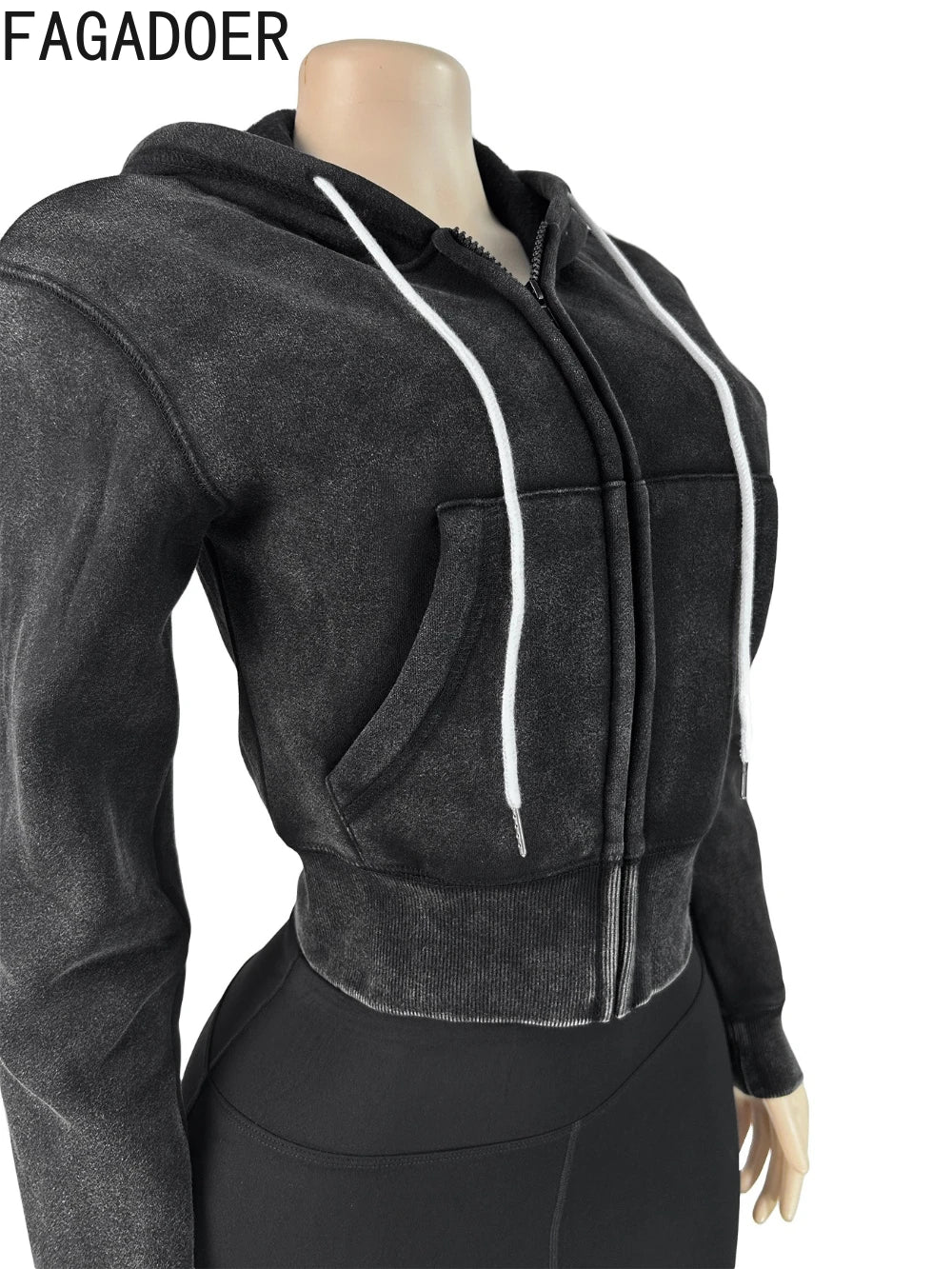 FAGADOER Washed Hooded Crop Top And Skinny Pants Outfits 2PCS Set