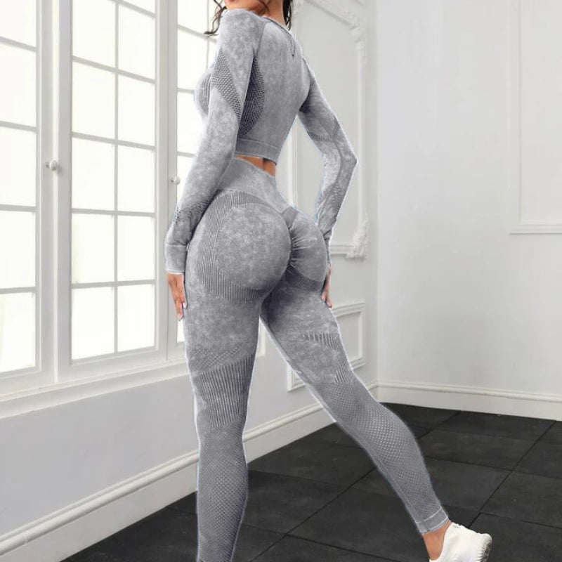 Acid Wash Women Seamless Long Sleeve Gym Set 2Pcs