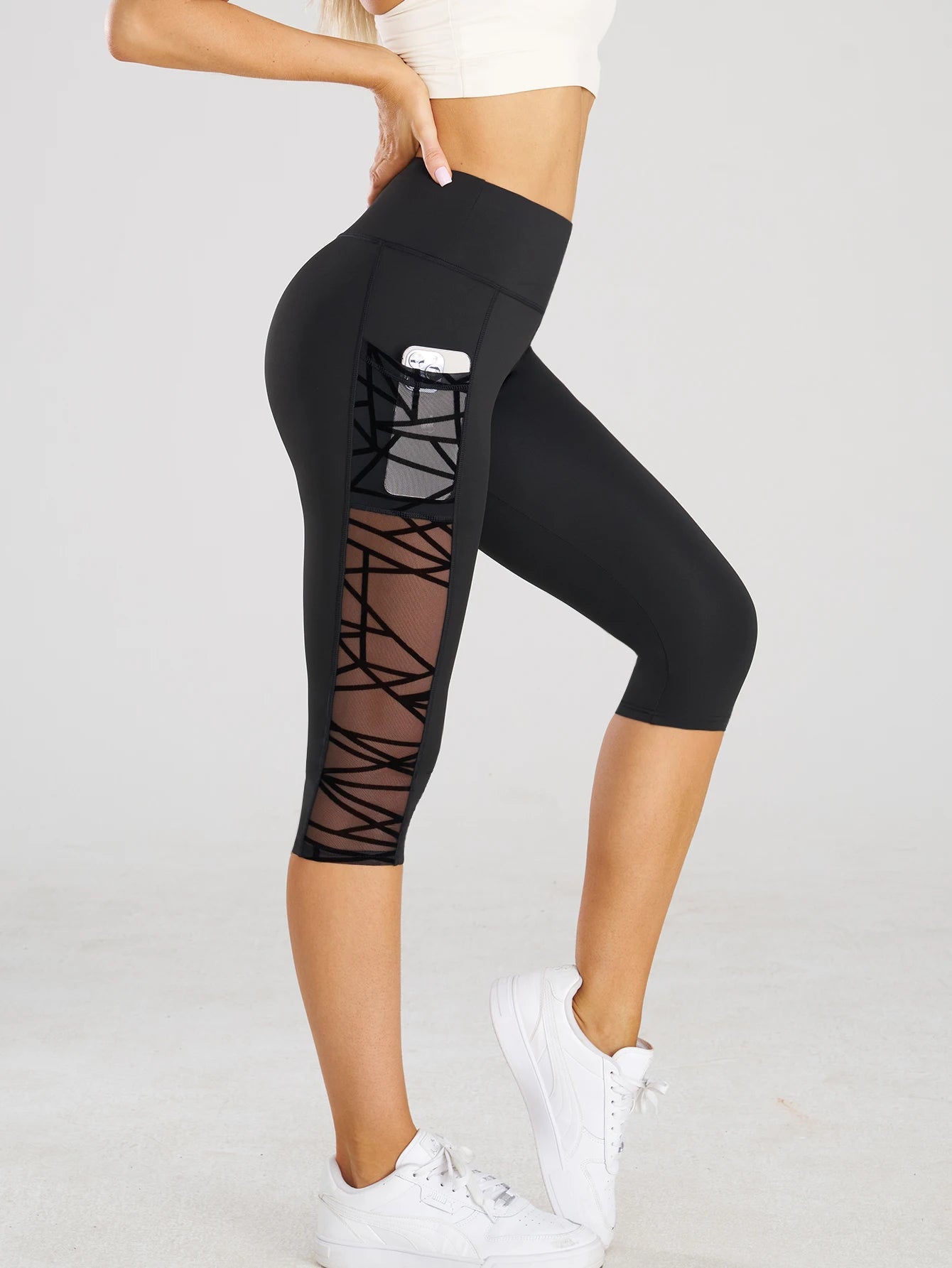 High Waist Sports Fitness Yoga Cross Mesh Stitch Capri Leggings with Pockets