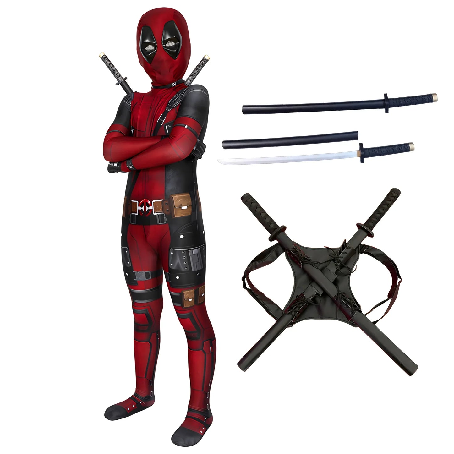 Deadpool Costume Kids Superhero Child Cosplay Costume Swords Jumpsuit