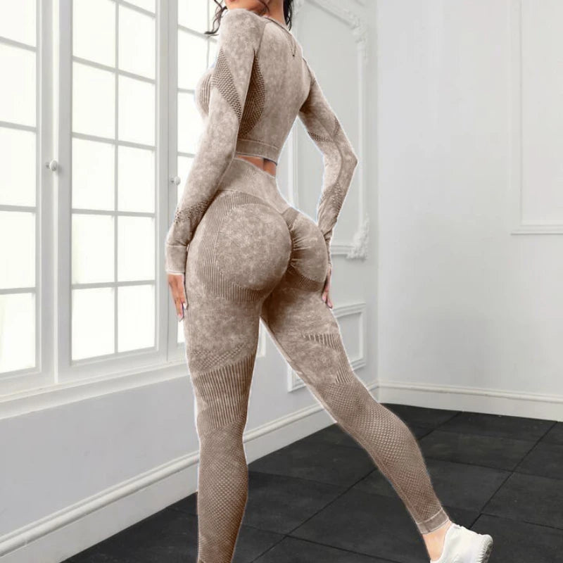 Acid Wash Women Seamless Long Sleeve Gym Set 2Pcs