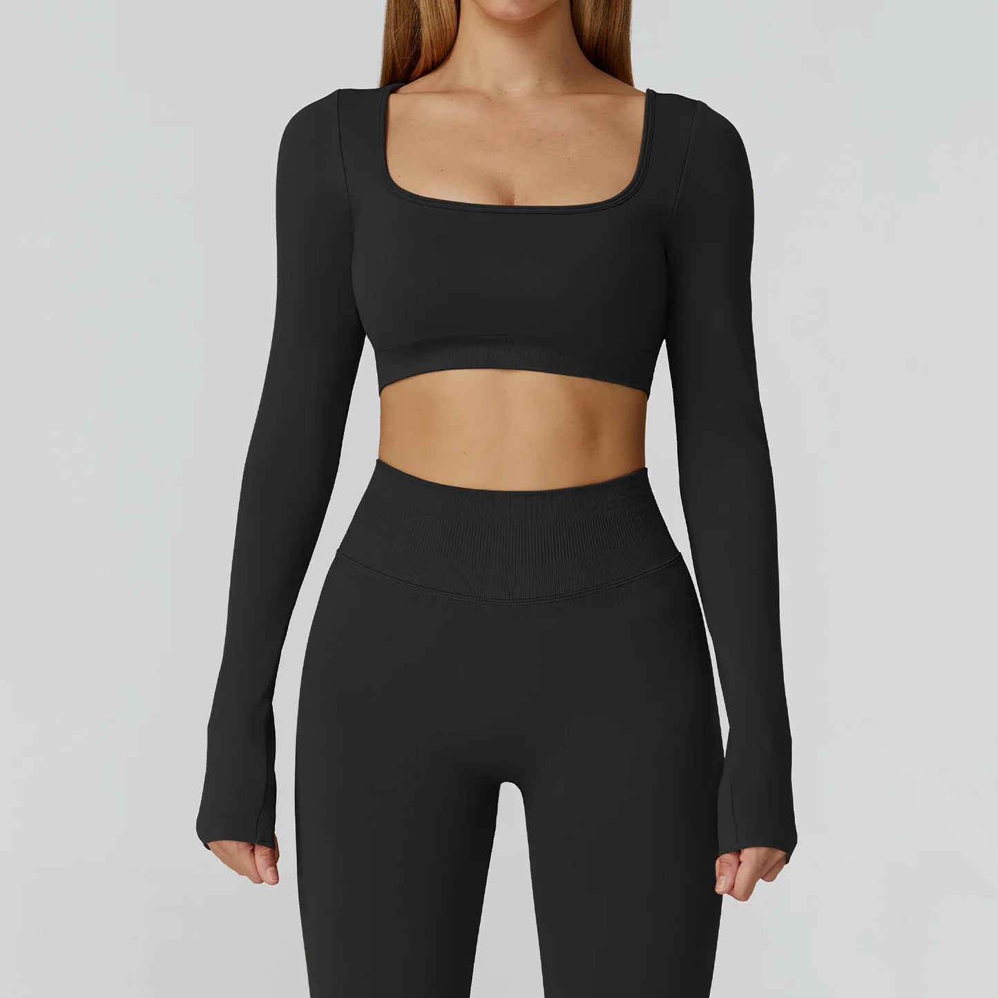 Seamless Quick Dry Crop Top Long Sleeve Yoga Set