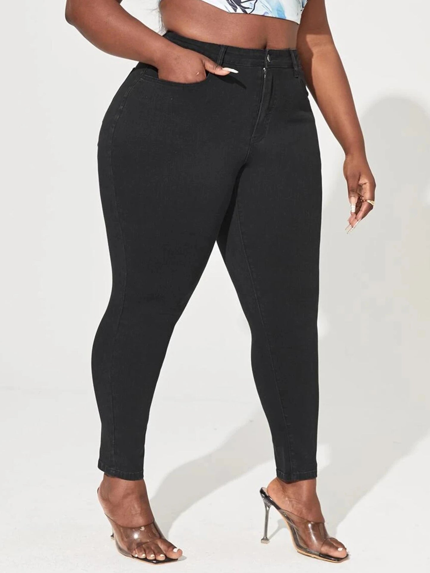 Skinny High Waist Stretch Denim Curvy Pencil Black Jeans - Plus Size