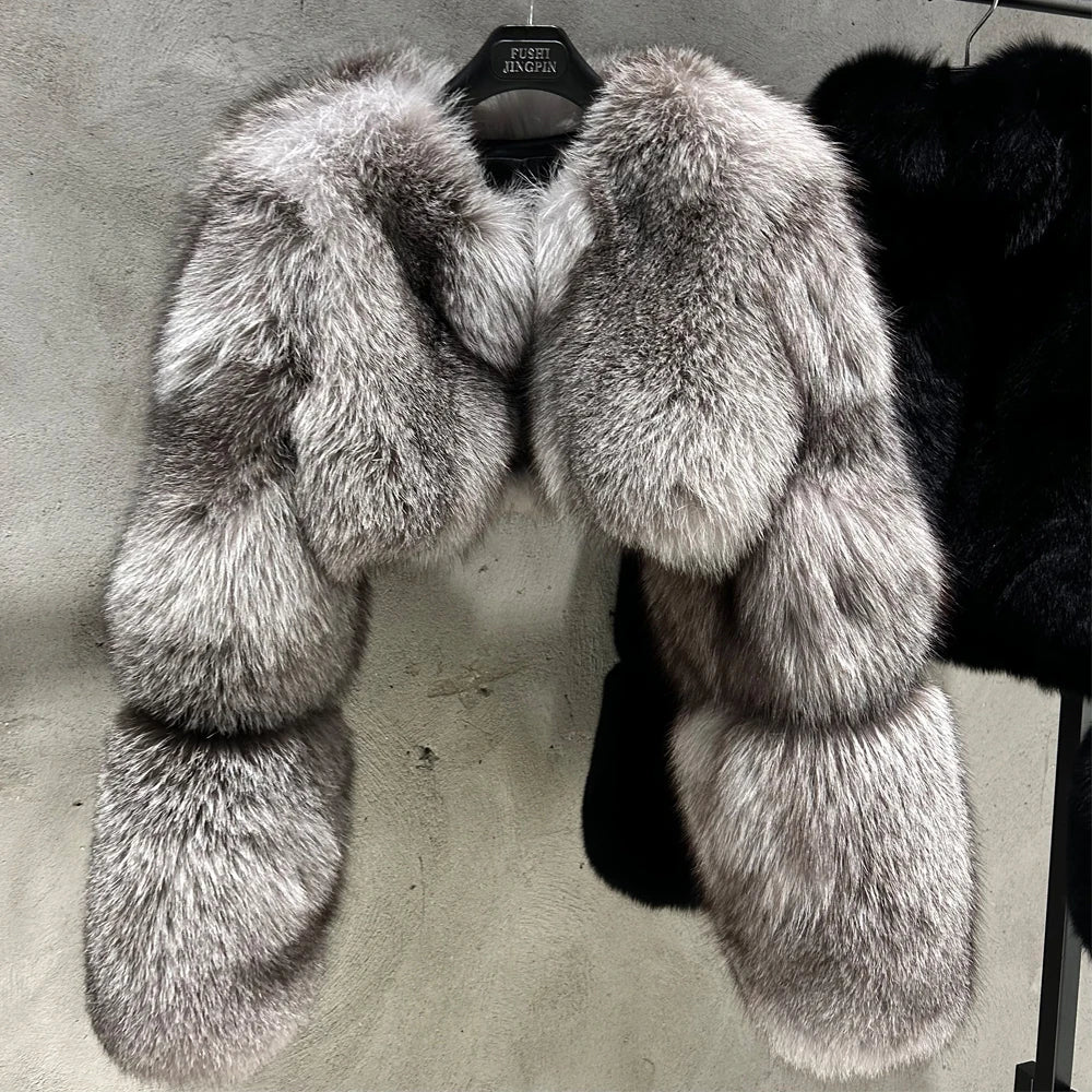 Cropped Real Fox Fur Coat - Silver