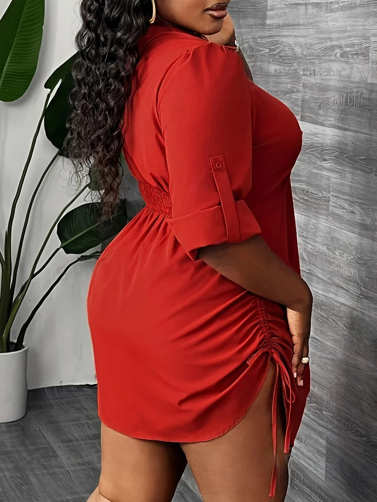 Long Sleeve Twisted Front Waist Drawstring Shirt Dress - Plus Size