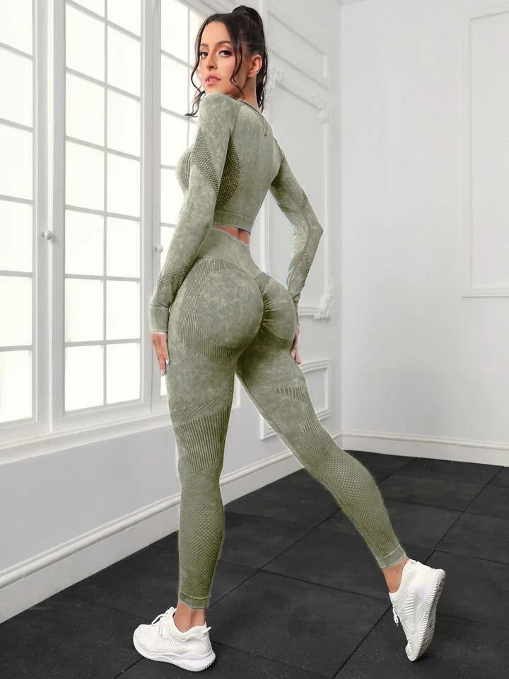 Acid Wash Women Seamless Long Sleeve Gym Set 2Pcs