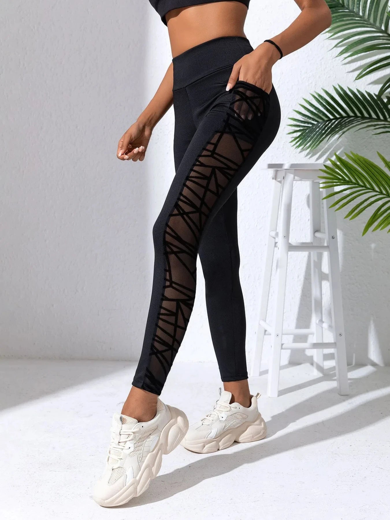 Black Fabric Patchwork High Waist Side Mesh Yoga Leggings