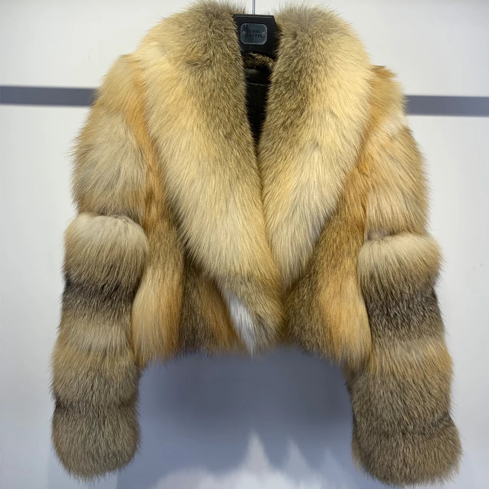 Natural Real Fox Fur Short Coat with Collar