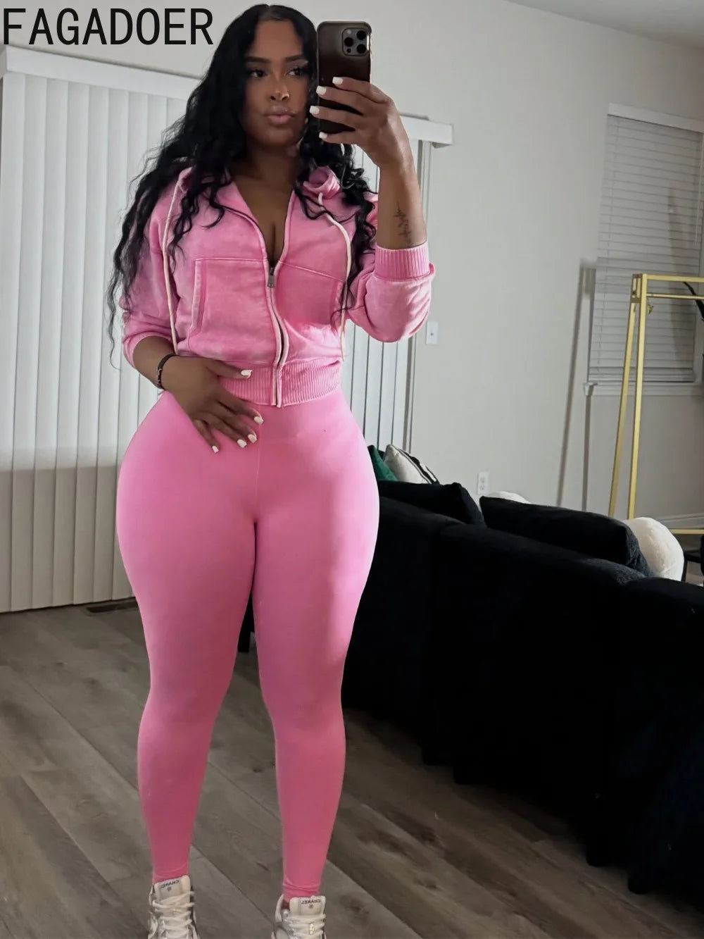 FAGADOER Washed Hooded Crop Top And Skinny Pants Outfits 2PCS Set