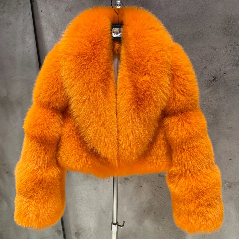 Natural Real Fox Fur Short Coat with Collar