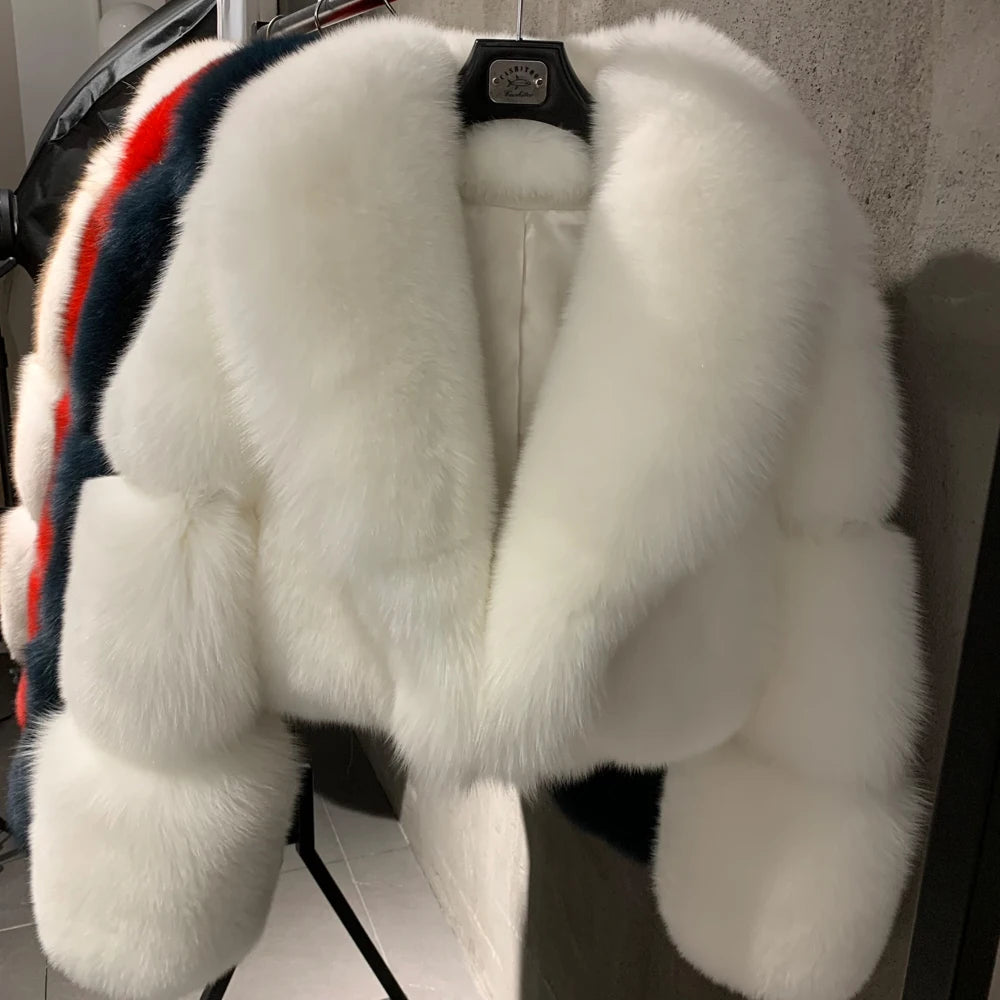 Natural Real Fox Fur Short Coat with Collar