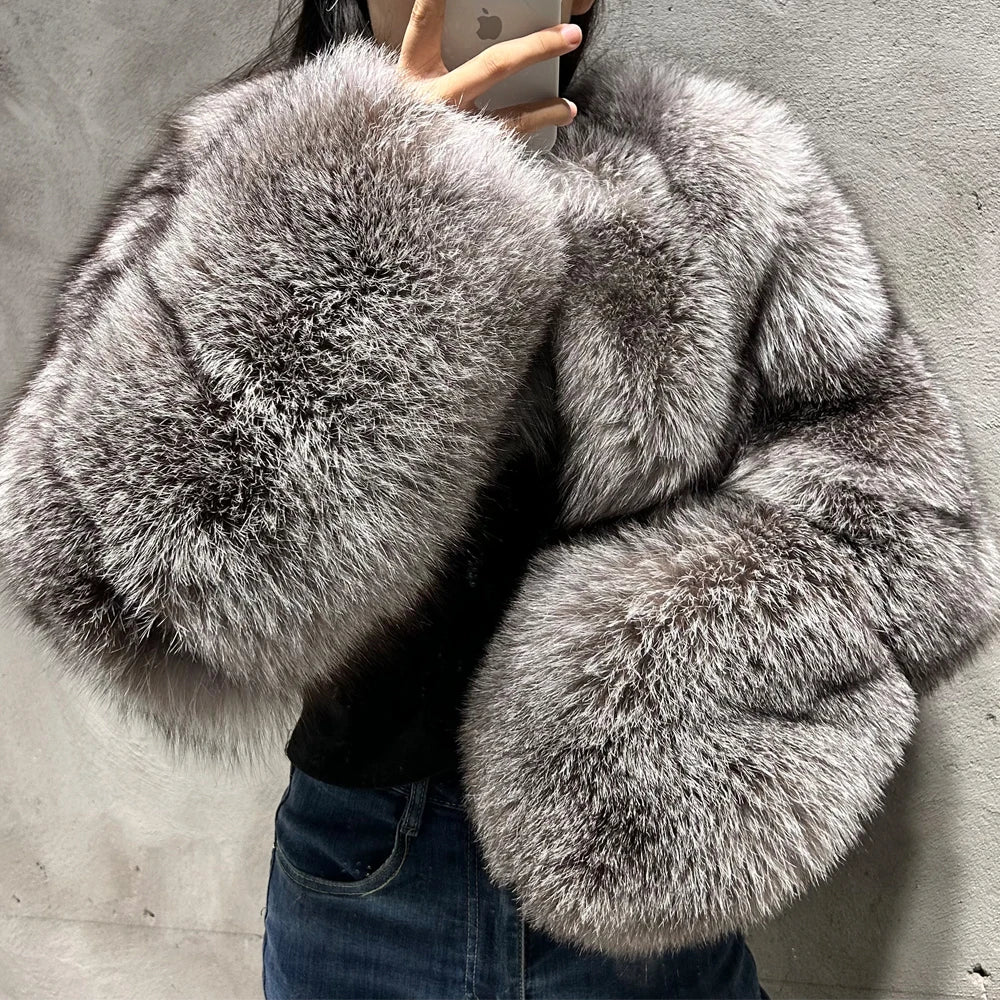 Cropped Real Fox Fur Coat - Silver