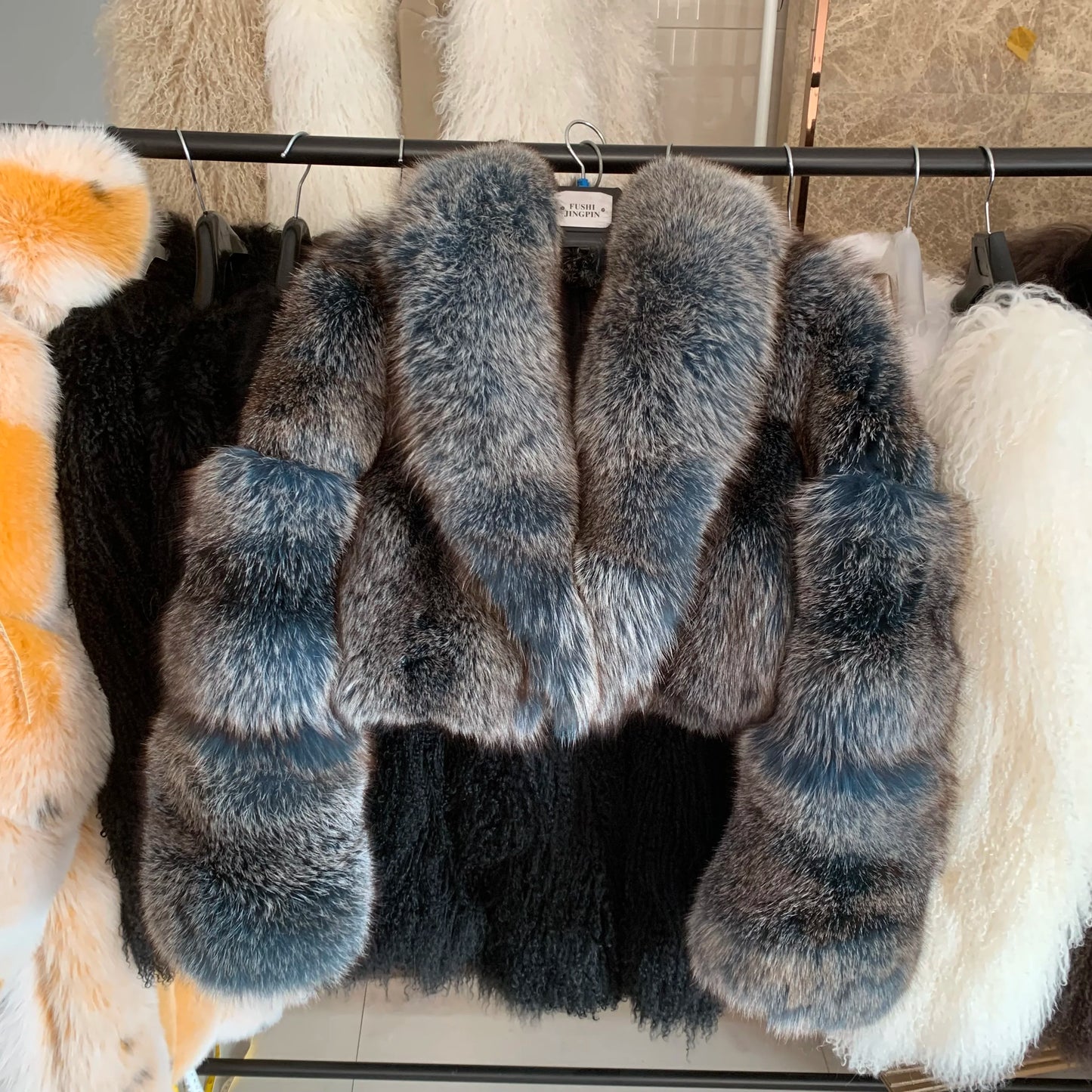 Natural Real Fox Fur Short Coat with Collar