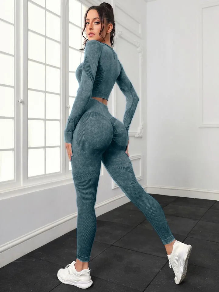 Acid Wash Women Seamless Long Sleeve Gym Set 2Pcs
