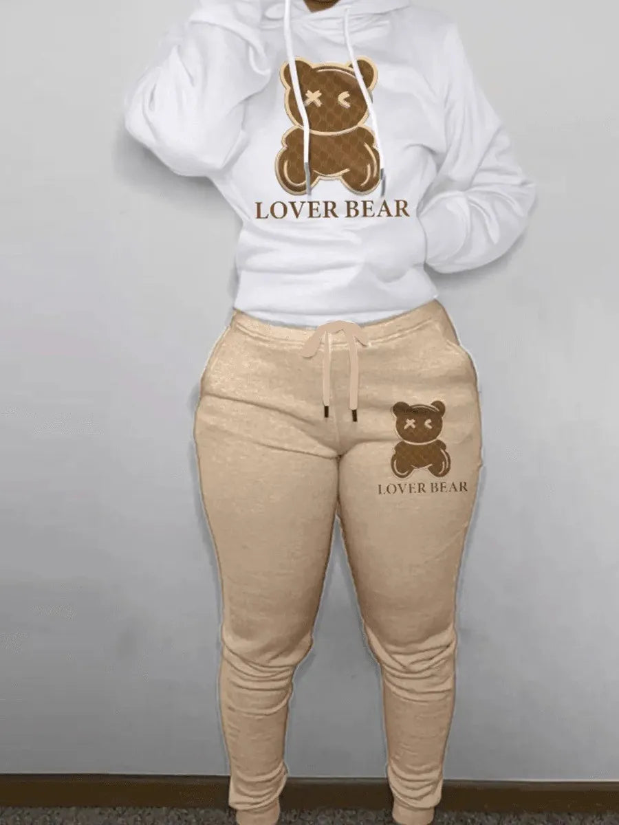 Lover Bear print hooded Sweater + Woolen Pants Set