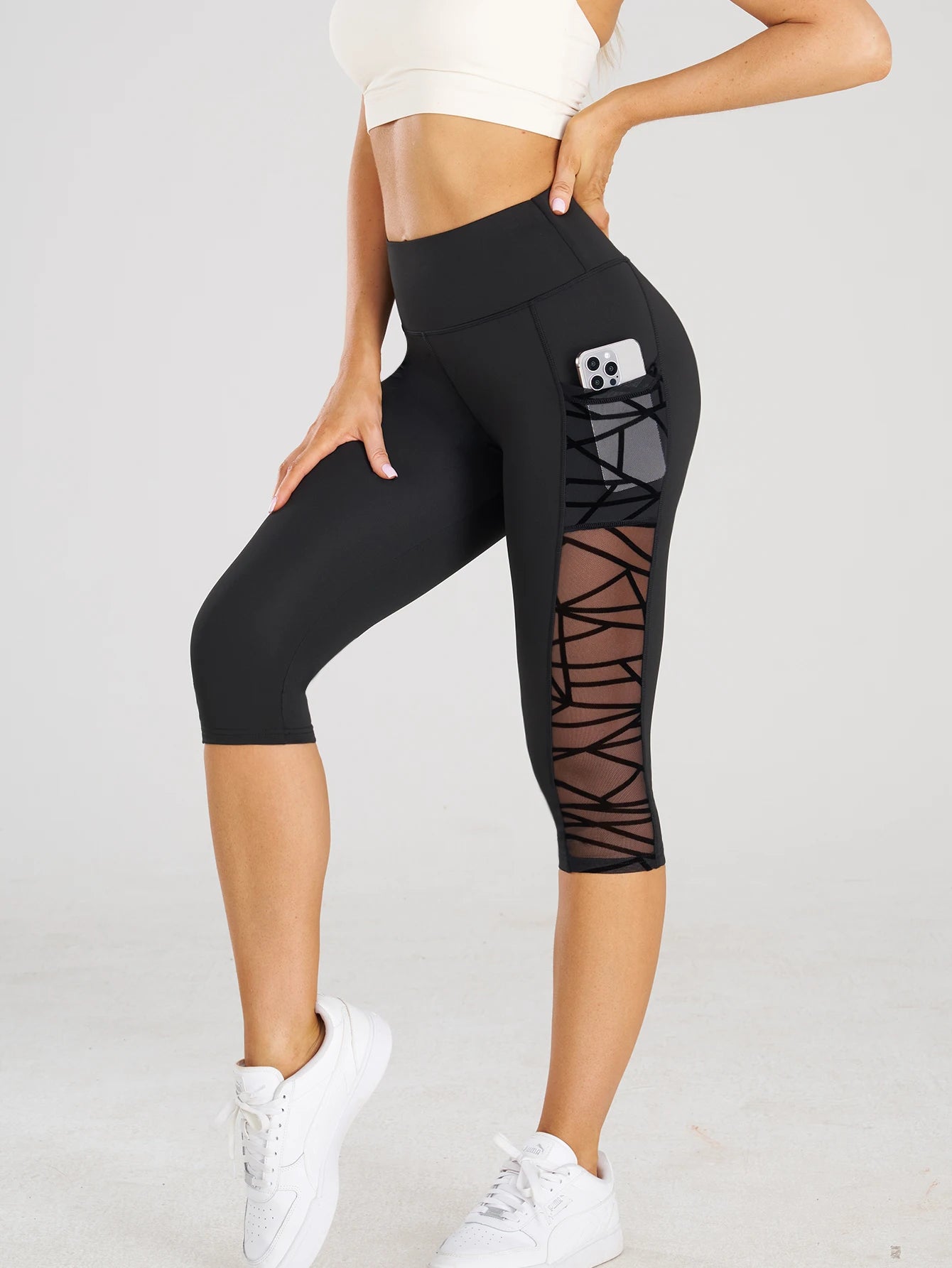 High Waist Sports Fitness Yoga Cross Mesh Stitch Capri Leggings with Pockets