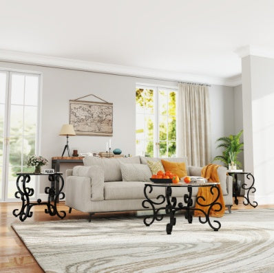 Tempered Glass Surface Coffee Table with Round End Side Tables - 3 Piece Set
