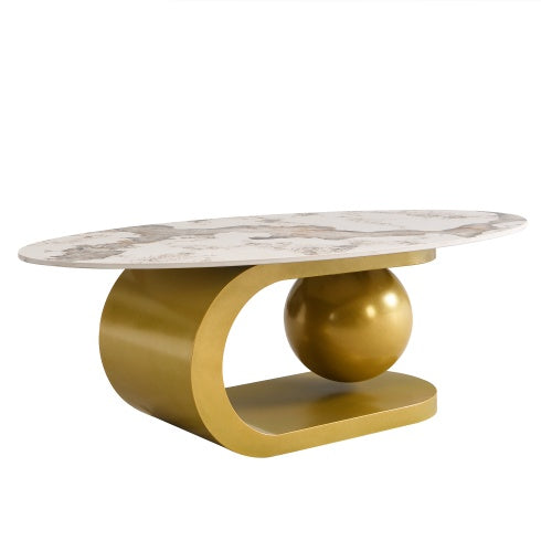 Marble Pattern Centered Stone Coffee Tabletop With Gold Stainless Steel Base