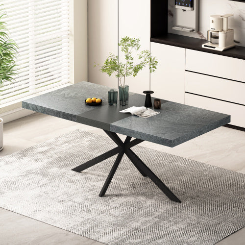 Rectangular Stretch Dining Table - Dark Grey Stone Top and Black Relief Plate - Black Fine Sand Cross Iron Foot Base with Storage Box