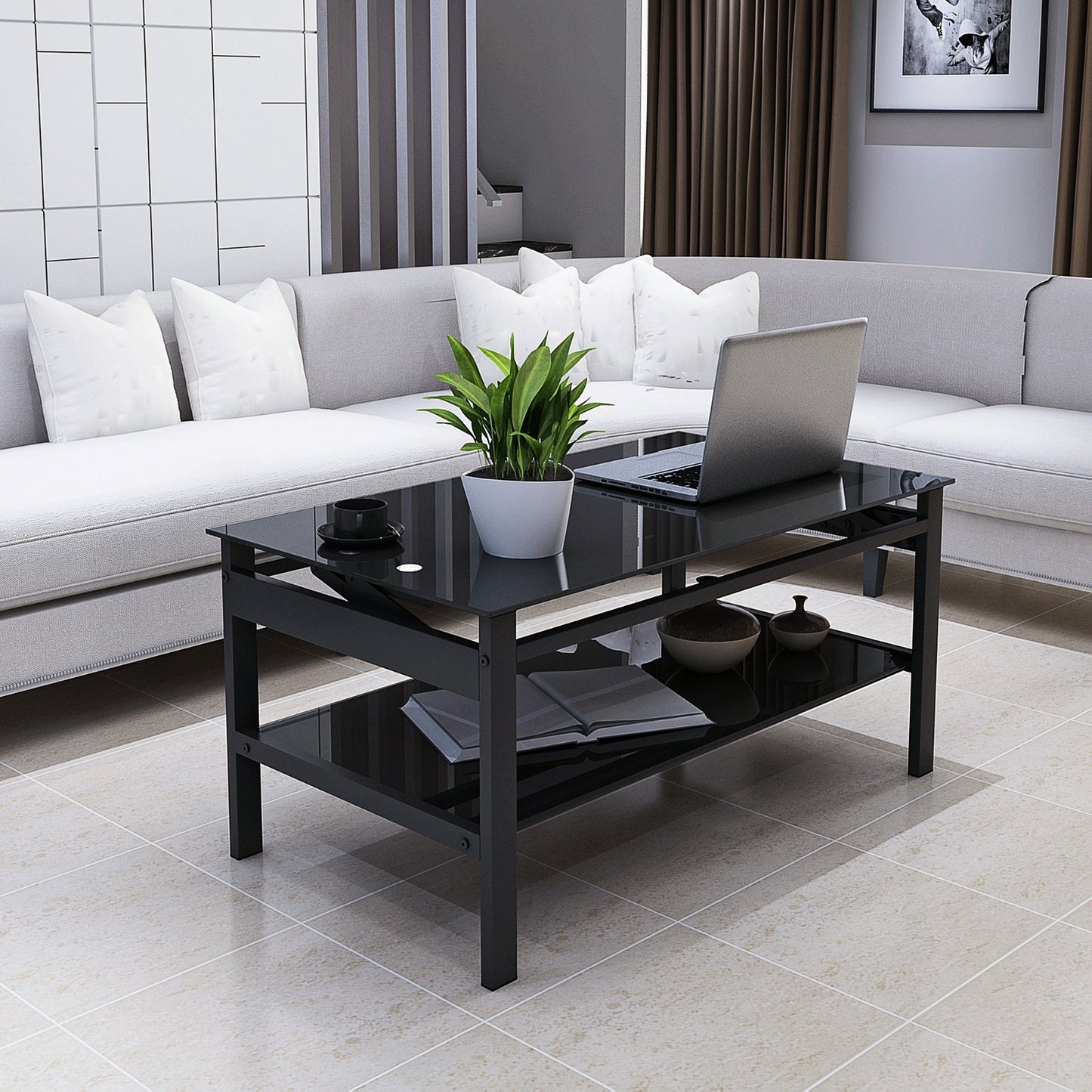 Glass Lift Top Coffee Table - 2-Layer Tempered Glass