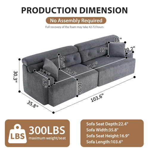 Chenille Fabric COMPRESSION SOFA With 2 Pillows - GRAY