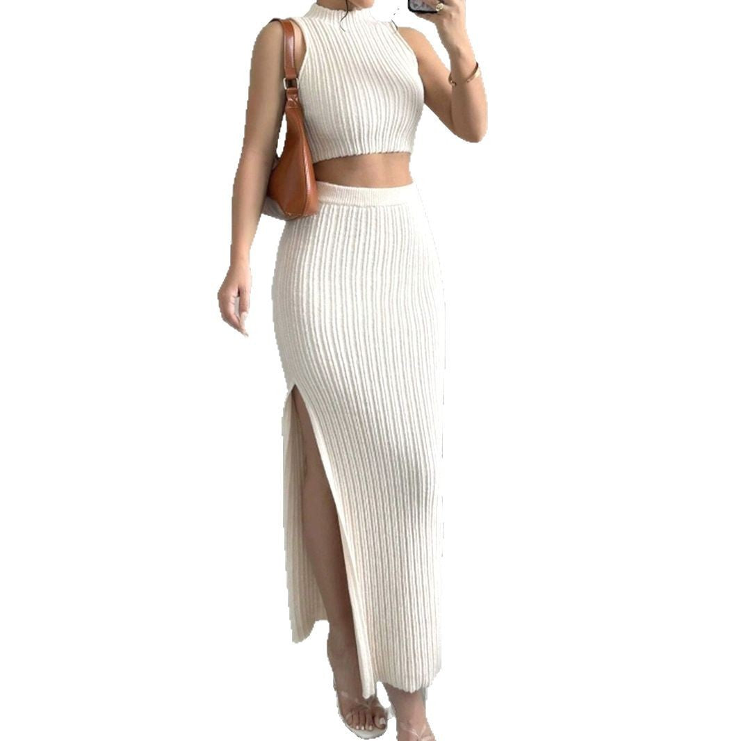 Knitted Sweater Round Neck Vest And Split Two-Piece Dress
