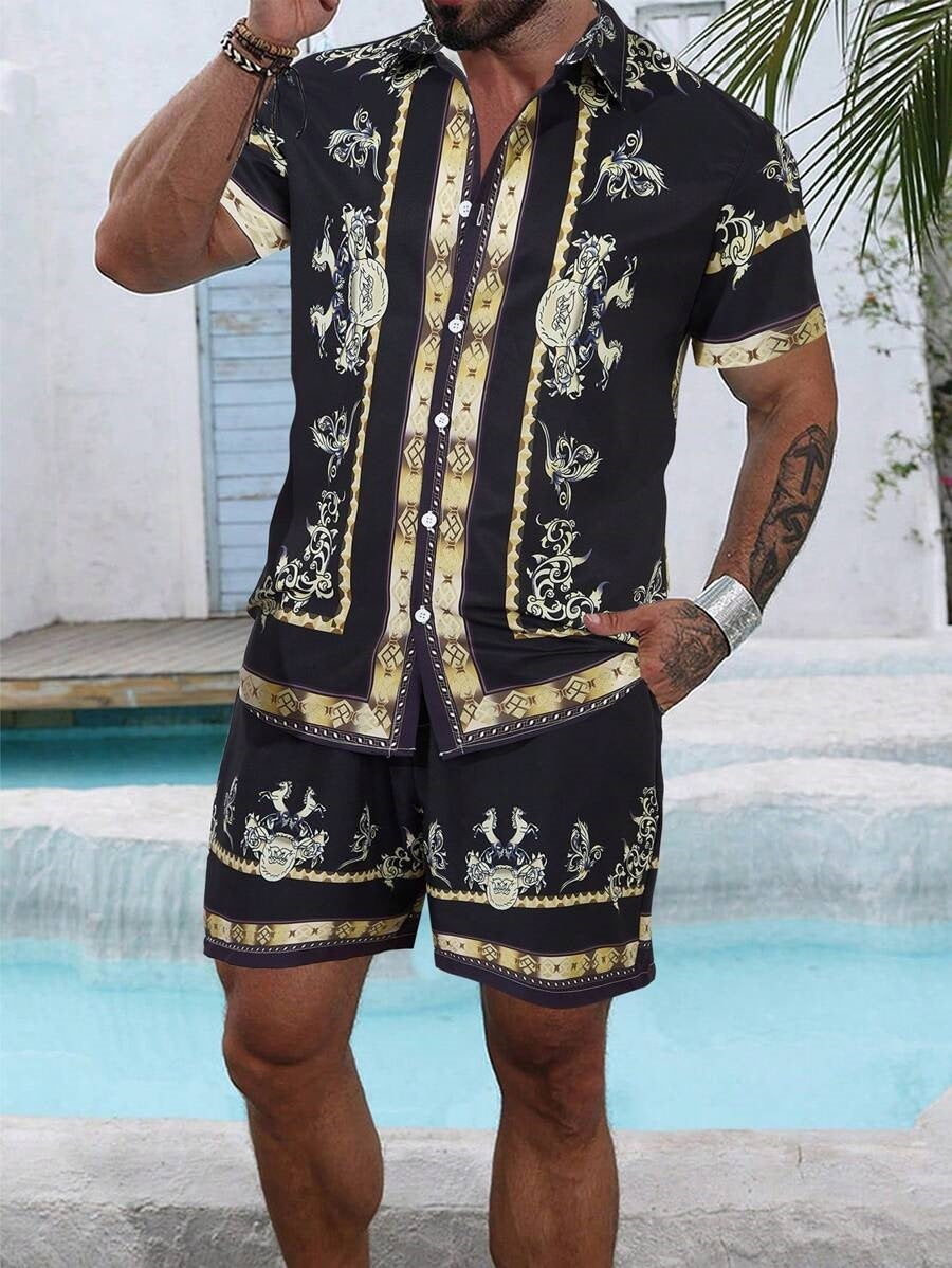 Digital Print Loose Shirt Shorts Set