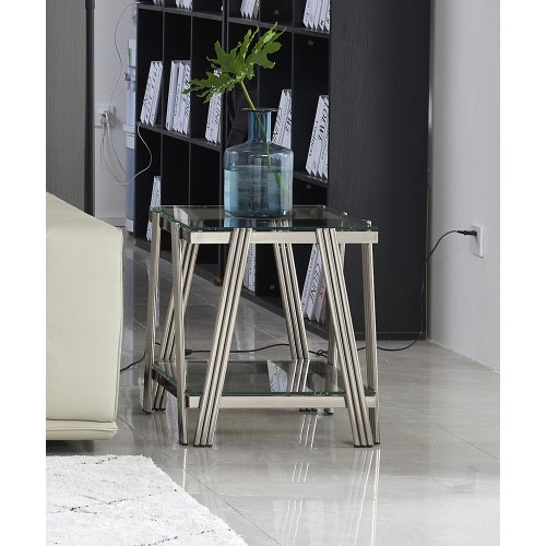 Stainless Steel End Table - Double-Layer Clear Tempered Glass - Silver