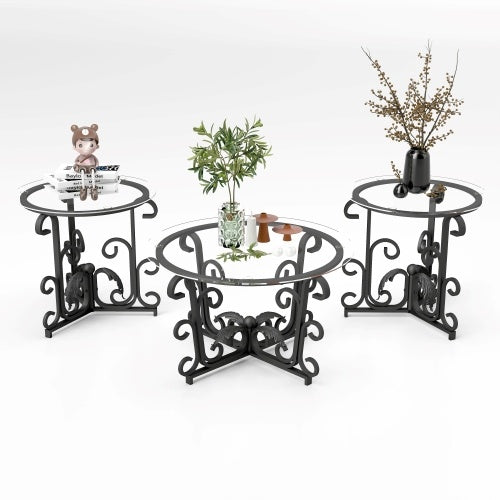Tempered Glass Surface Coffee Table 3 Piece  Set - Rustic Black