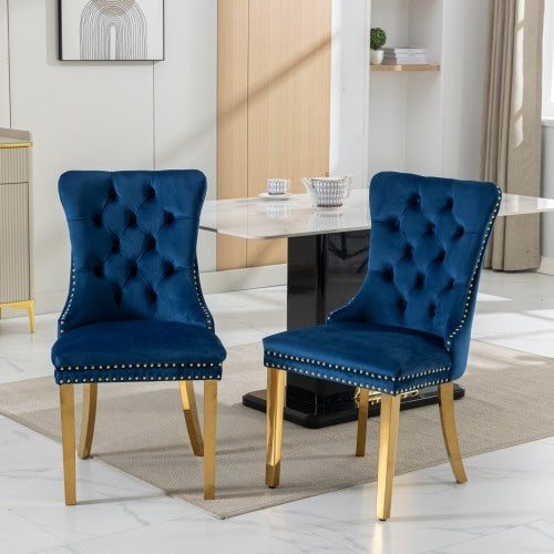 High-end Tufted Solid Wood Contemporary Velvet Dining Chair With Golden Stainless Steel Plating Legs -Nailhead Trim - Set Of 2