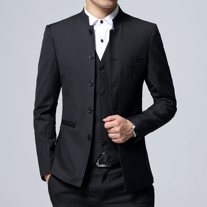 Stand Collar Slim Fit Three-Piece Suit
