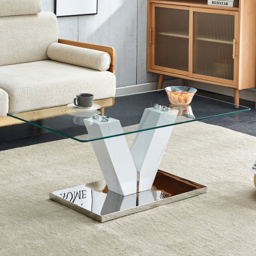 Modern Minimalist Coffee Table - Transparent Tempered Glass Tabletop With Silver MDF Pillars