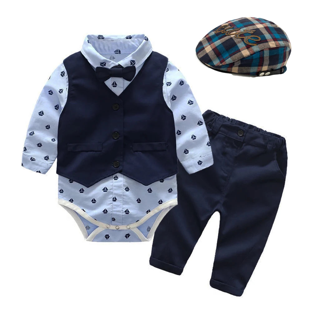 Baby Boy Suits - Romper + Vest + Hat Formal Suit 0- 24 M