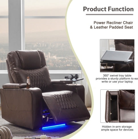 Power Motion Recliner With USB Charging Port And Hidden Arm Storage 2 Convenient Cup Holders Design And 360 Swivel Tray Table - Brown