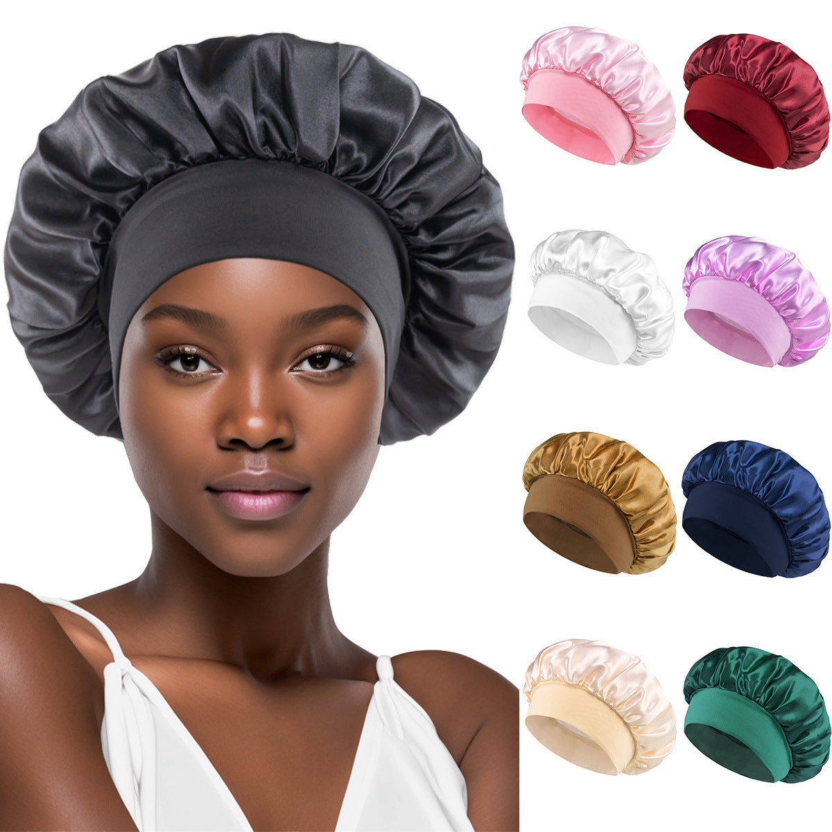 Solid Color Satin Wide Brim Nightcap