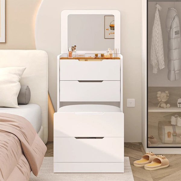 3 In 1 Dressing Table With Flip Mirror And Light - Small Makeup Vanity Set with Viewing Glass Tabletop, 3 Drawers, Storage Stool, 3 Color Lighted Mirror