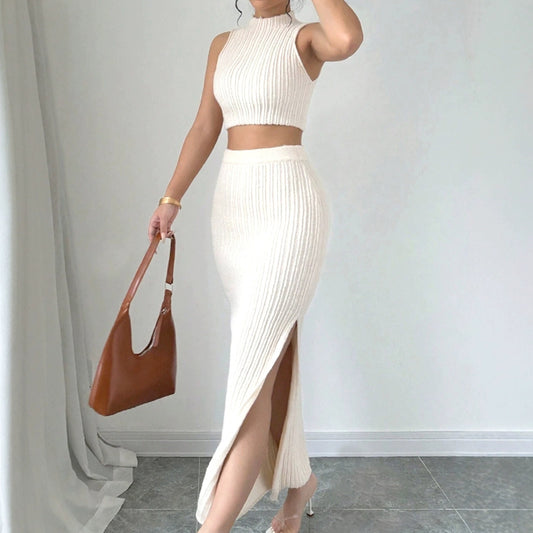 Knitted Sweater Round Neck Vest And Split Two-Piece Dress