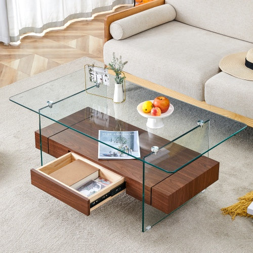 Clear Tempered Glass And Natural Wood Grain Coffee Table with Drawer