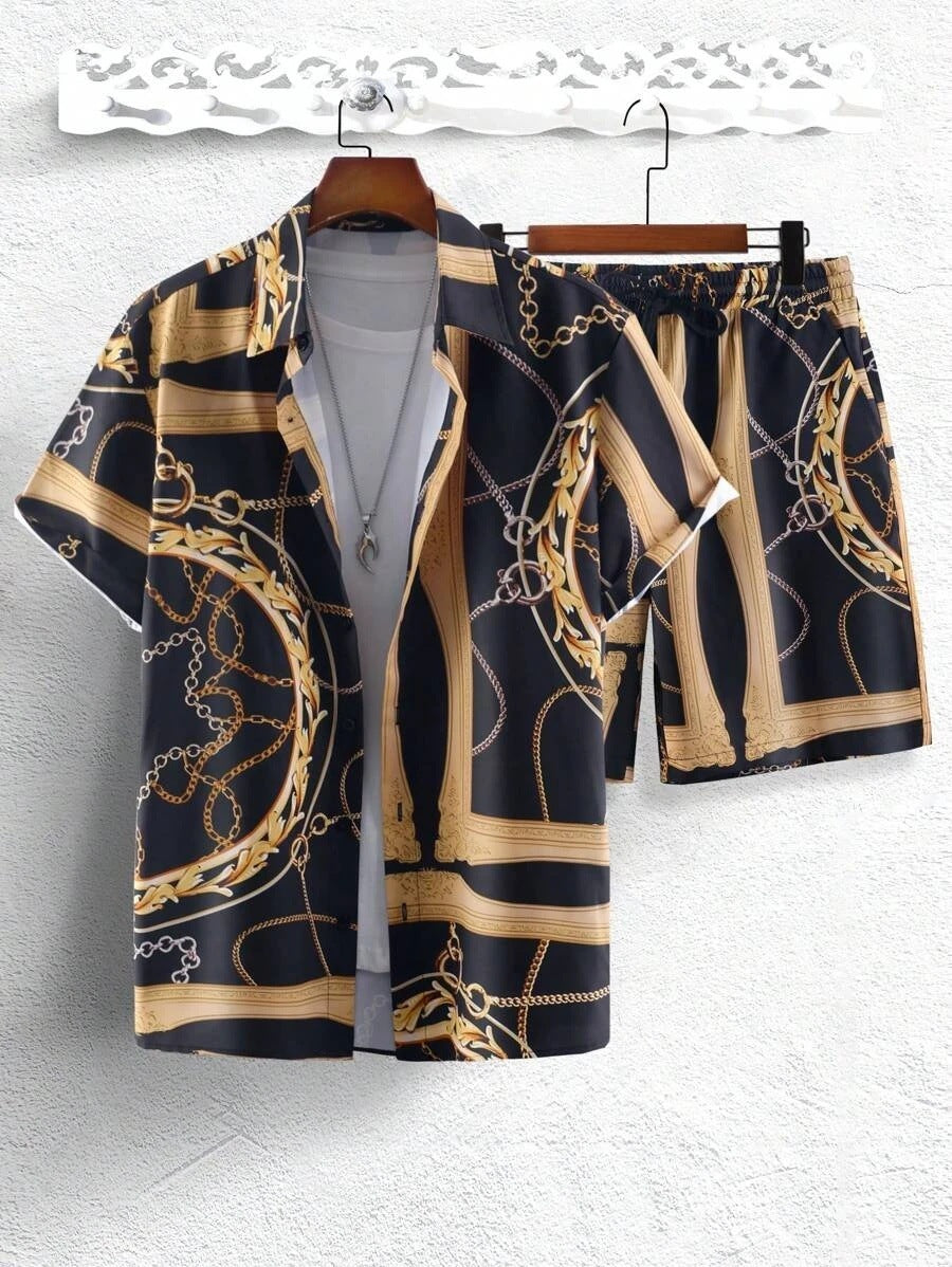 Gold Luxury Chain Digital Print Shirt Shorts Set