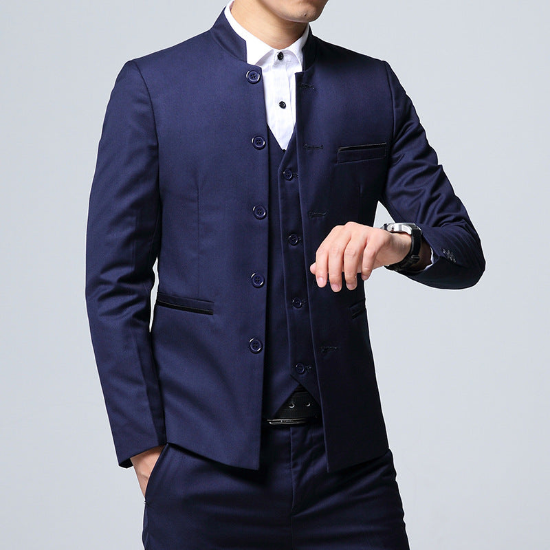Stand Collar Slim Fit Three-Piece Suit