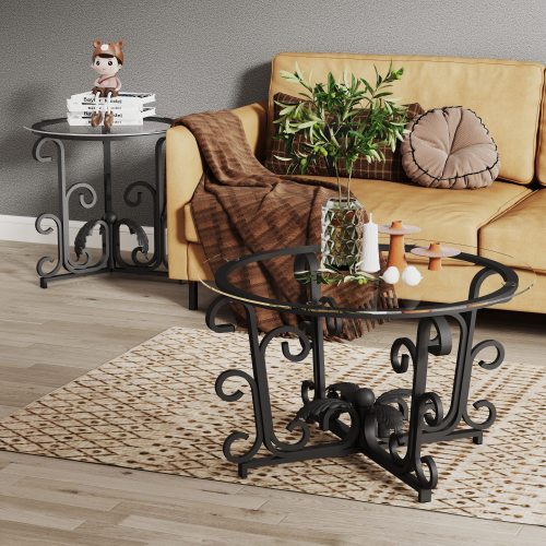 Tempered Glass Surface Coffee Table 3 Piece  Set - Rustic Black