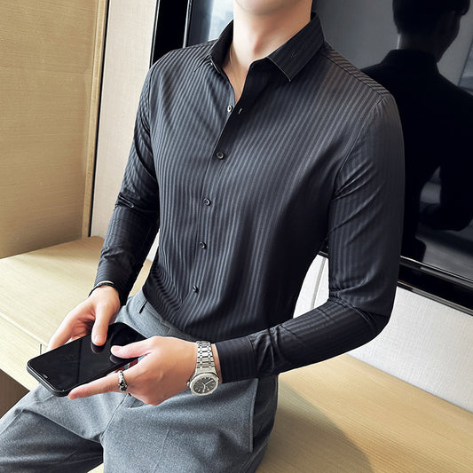 Dark Striped Long-sleeved Seamless Button Down
