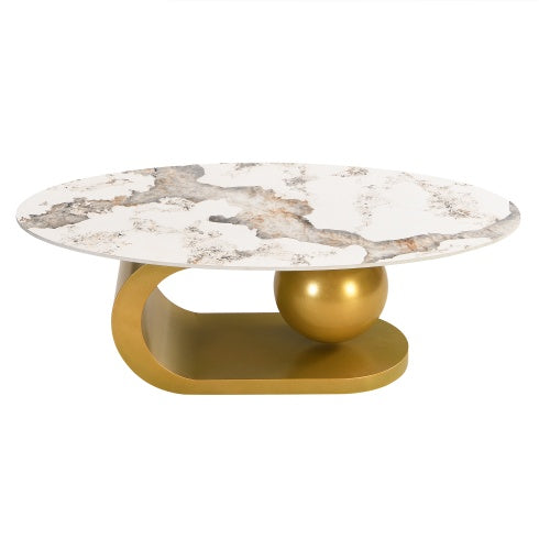 Marble Pattern Centered Stone Coffee Tabletop With Gold Stainless Steel Base