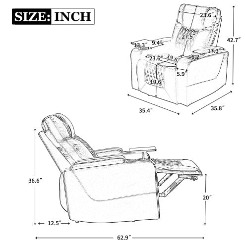 Power Motion Recliner With USB Charging Port And Hidden Arm Storage 2 Convenient Cup Holders Design And 360 Swivel Tray Table - Brown