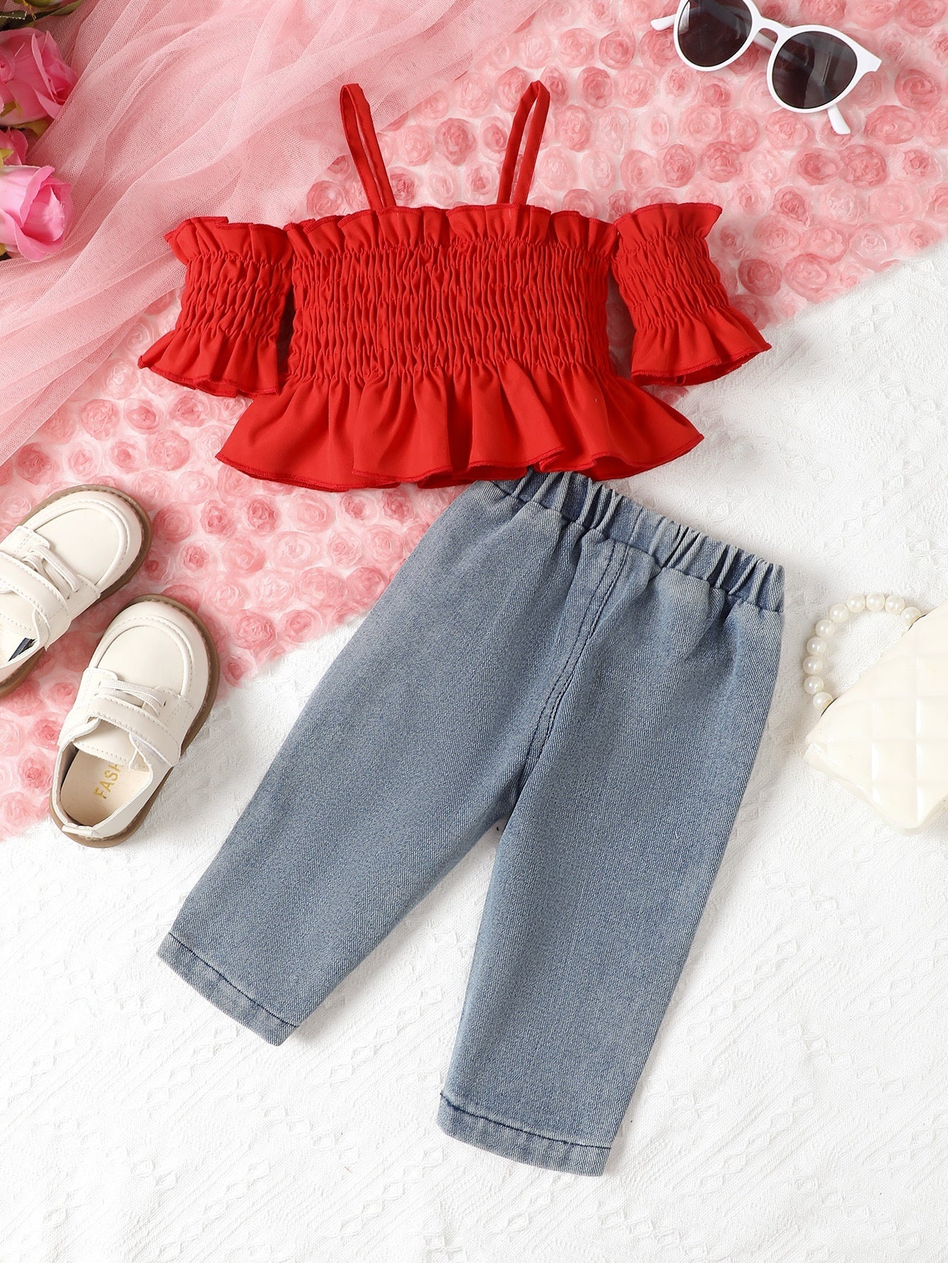Solid Color Vest Top And Jeans Set