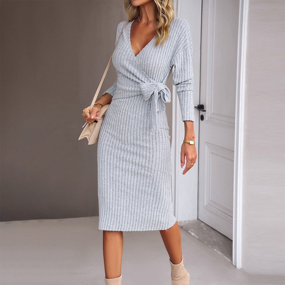 V-Neck Bandage Mid Dress