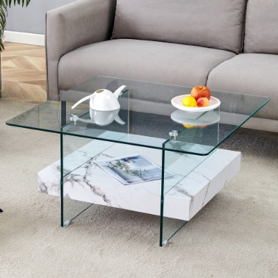Two Tier Square Coffee Table - Clear Glass And Black Marble Pattern